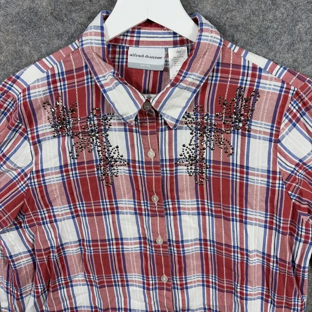 Alfred Dunner Women's Red Plaid 3/4 Sleeve Button Front‎ Top Floral Beading 18P